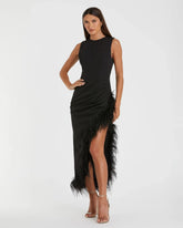 Black Ruched High-Low Sheath Dress with Feather Trim