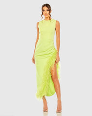 Green Ruched High-Low Sheath Dress with Feather Trim