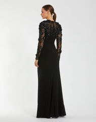 Black Jersey Long Sleeve Column Gown with Floral Embellishments