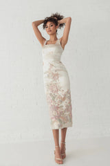 Slim Strap Scoop Neck Bustier Brocade Midi Dress