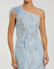 Blue Feathered One Shoulder Embellished Applique Gown