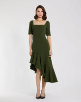 Green Crepe 3/4 Sleeve Asymmetrical Hem Dress - FINAL SALE