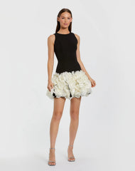 Black and White Sleeveless Mini Dress with 3D Floral Skirt