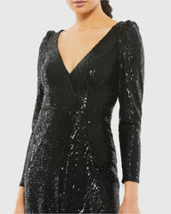 Black Faux Wrap Long Sleeve Sequin Gown - FINAL SALE