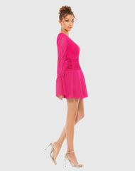 Pink Pleated Bell Sleeve Chiffon Mini Dress