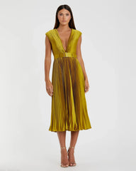 Green Pleated Cap Sleeve Belted A Line Dress