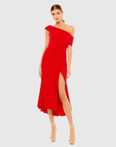 Red Ruched Off-The-Shoulder Midi Dress