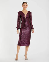 Sequined Structured Bishop Sleeve Midi Dress