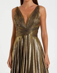 Gold Sleeveless V Neck Pleated Top Metallic Dress