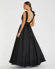 Black Ruffle Shoulder V-Neck Chiffon Gown
