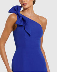 Blue Crepe One Shoulder Fitted Evening Gown With Bow