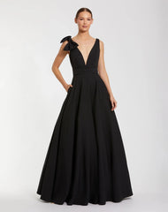 Black Sleeveless Plunge Neck Crepe Ballgown With Bow Detail