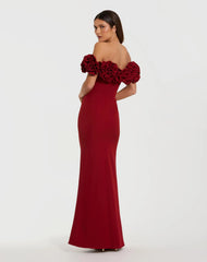 Red Crepe Off The Shoulder Column Gown With 3D Roses