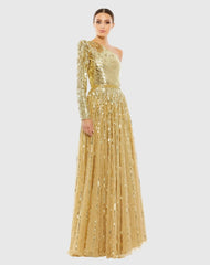 Gold Sequined One Shoulder A Line Gown