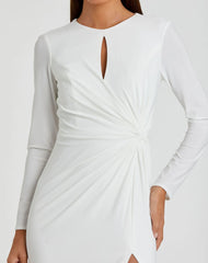 White Long Sleeve Keyhole Draped Gown
