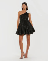 Black One Shoulder Sequin Mini Dress With 3D Flower