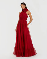 Red High Neck Sleeveless Chiffon Evening Gown with 3D Flower