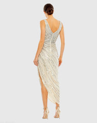 Silver Sequined Faux Wrap Sleeveless Midi Dress