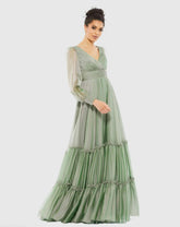 Green Faux Wrap Illusion Bishop Sleeve Tiered Gown