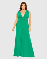 Green Plus Size Draped V Neck Sleeveless A Line Gown