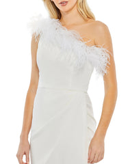 White Feather Trim One Shoulder Draped Dress