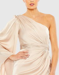 Beige One Shoulder Long Sleeve Draped Dress