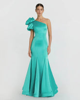 Green One Shoulder Bustier Satin Mermaid Gown