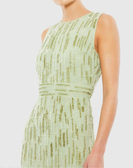 Green Abstract Beaded Sleeveless Midi Sheath Dress