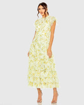Yellow High Neck Ruffle Cap Sleeve Floral Dress
