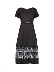 Black Crepe Boat Neck Midi Dress With Belt