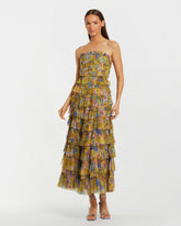 Yellow Floral Strapless Ruffle Maxi Dress