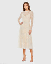 Nude Sequined Illusion High Neck Long Sleeve Midi Dress