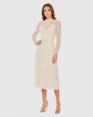 Nude Sequined Illusion High Neck Long Sleeve Midi Dress