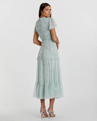 Blue Embellished High Neck Flutter Sleeve A Line Dress