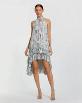 High Neck Keyhole A-Line Floral Ruffle Mini Dress