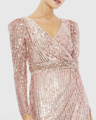 Pink Sequin Puff Sleeve Surplice Gown - FINAL SALE