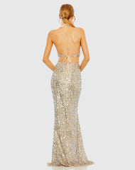 Silver and Beige Cut Out Halter Tie Back Sequin Gown