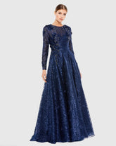 Navy Embellished Illusion Long Sleeve A Line Gown