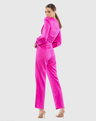 Pink Front Twist Puff Sleeve Deep V Jumpsuit