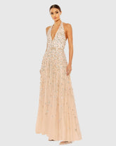 Pink Floral Embellished Halter Strap A Line Gown