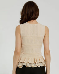 Beige Sleeveless High Neck Knit Top With Ruffle Hem