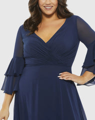 Navy Pleated Bell Sleeve Chiffon Gown (Plus)