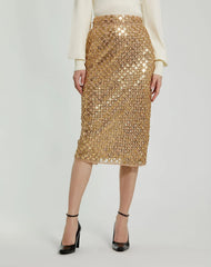 Gold Georgette Embellished Fitted Midi Pencil Skirt