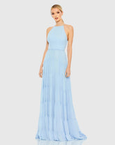 Blue Ruffle Tiered A Line Gown