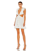 White Ruffled Cut-Out V Neck Mini Dress