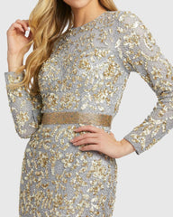 Silver Long Sleeve Embellished Gown