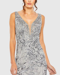 Gray Sleeveless High Neck Embroidered Gown