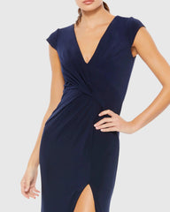 Navy V-Neck Ruched Jersey Gown