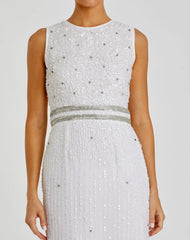 White Sleeveless High Neck Beaded Midi Sheath Dress