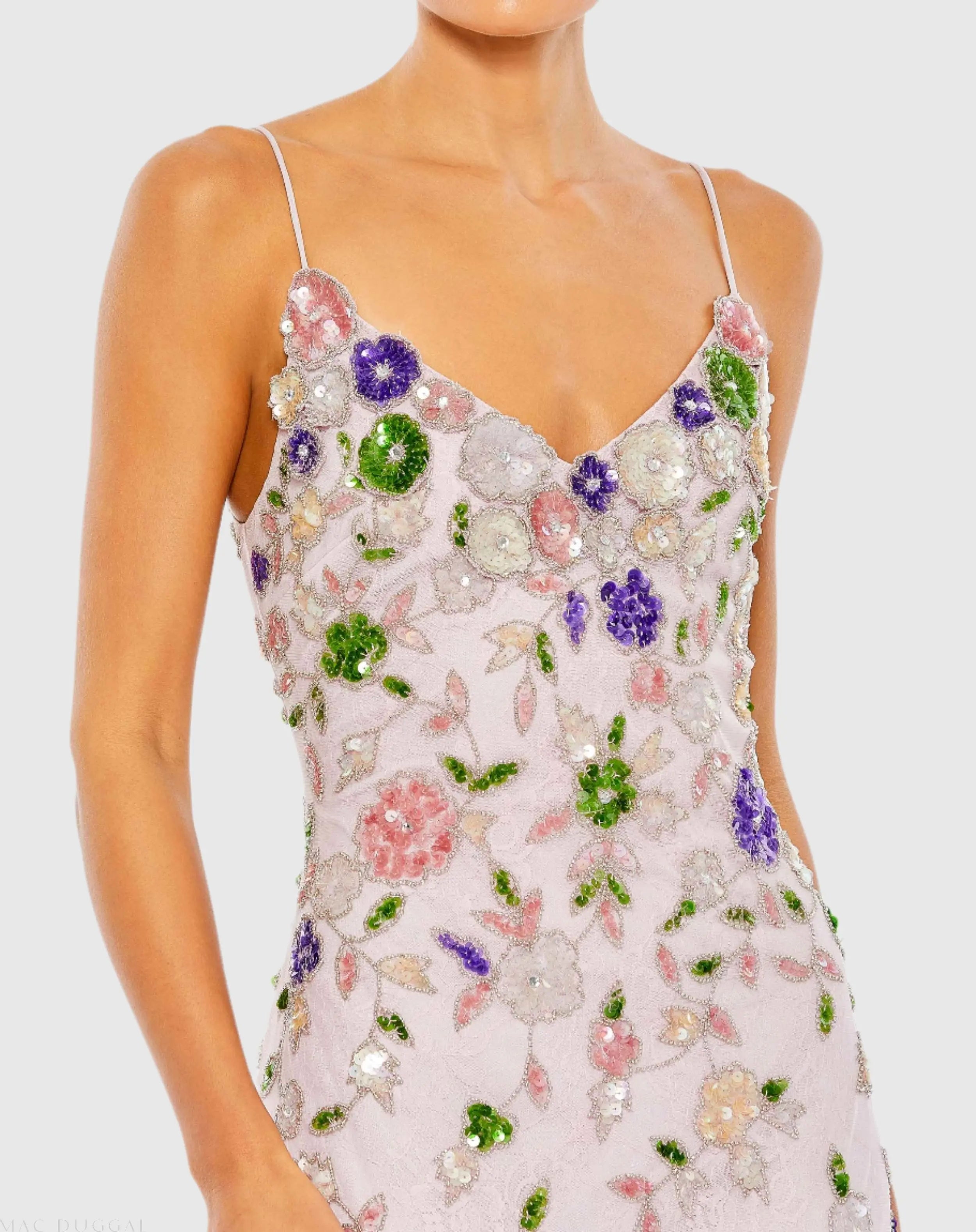 Purple Embellished Lace Sleeveless V Neck Gown